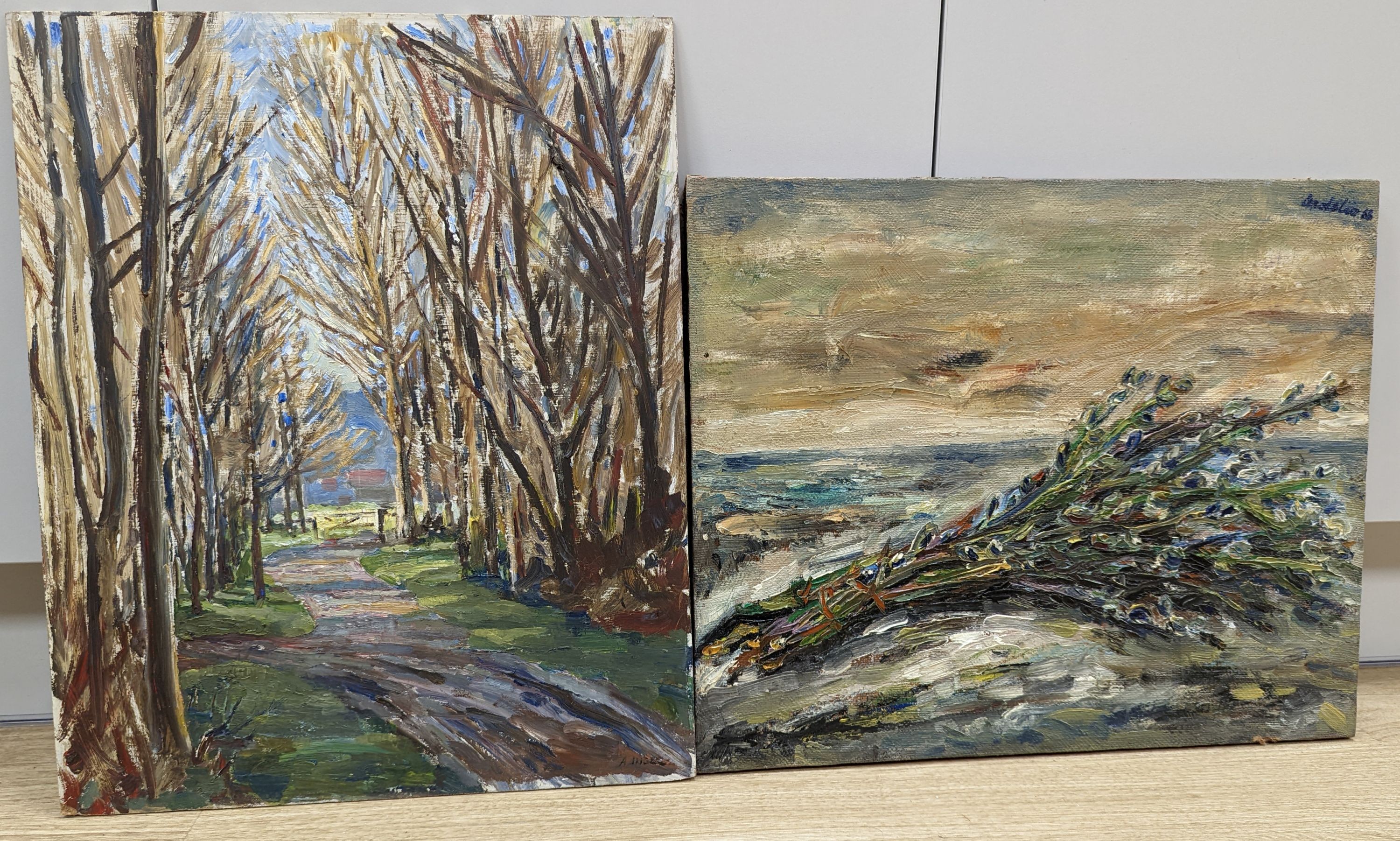 French School, oil on canvas, Still life of a bunch of flowers, indistinctly signed and dated '68, 40 x 49cm, unframed, and an oil of a tree lined lane, signed Ingle, 50 x 40cm